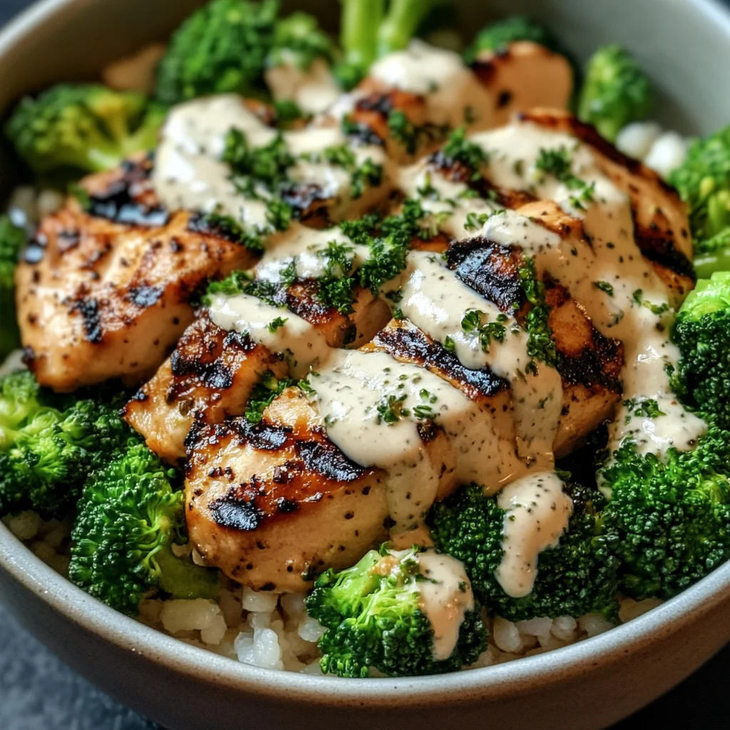 Grilled Chicken & Broccoli Bowls with Creamy Garlic Sauce