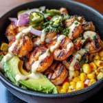 Grilled Shrimp Bowl with Avocado, Corn Salsa & Creamy Garlic Sauce