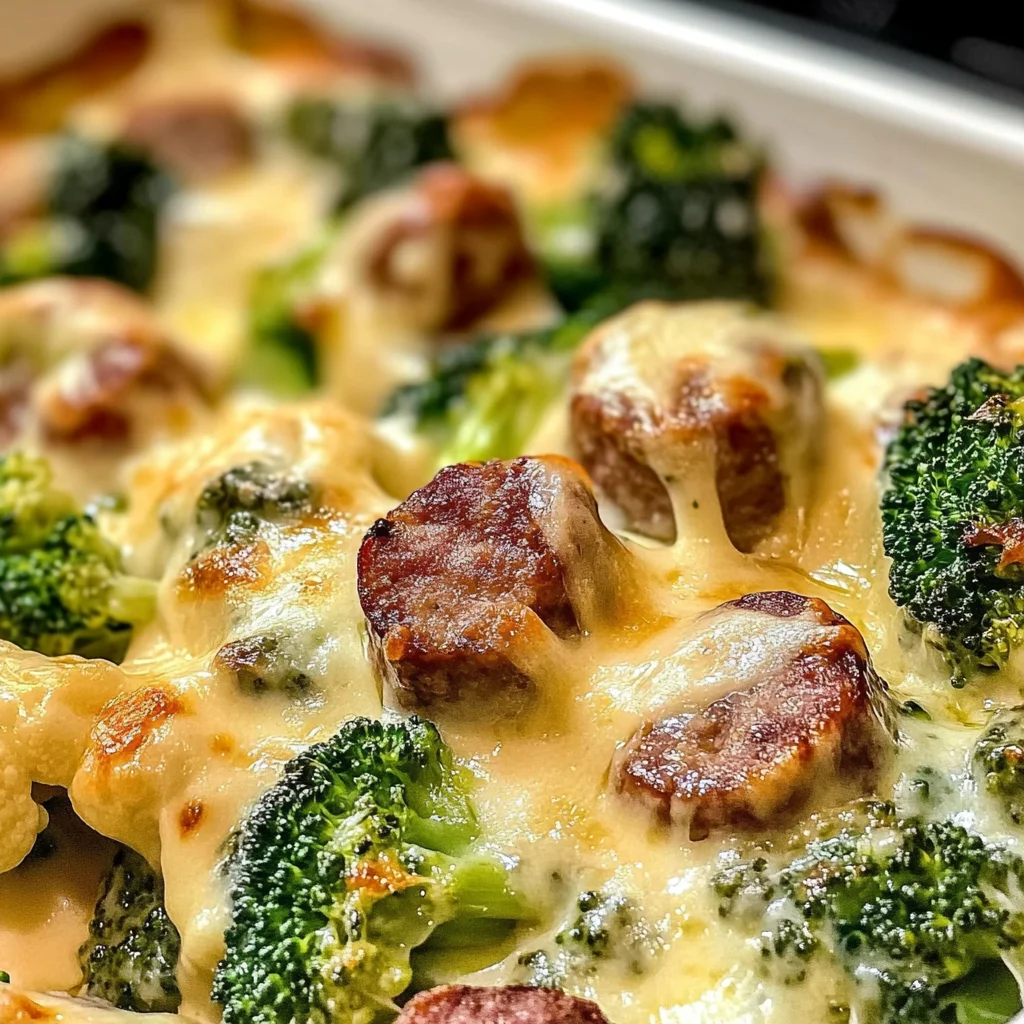 Keto Broccoli and Cauliflower Au Gratin With Sausage Delight